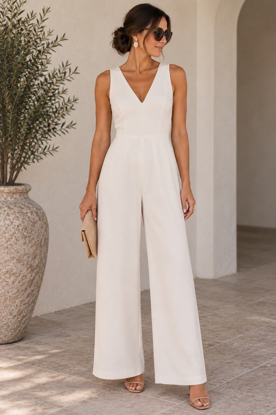 Dress the Population Ivory V-Neck Wide Leg Jumpsuit Size M